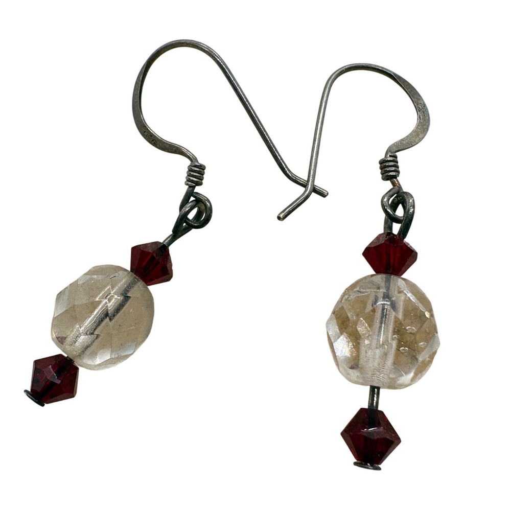 Vintage Sterling Silver Faceted Glass Bead Drop Earrings Red Clear Dangle 925